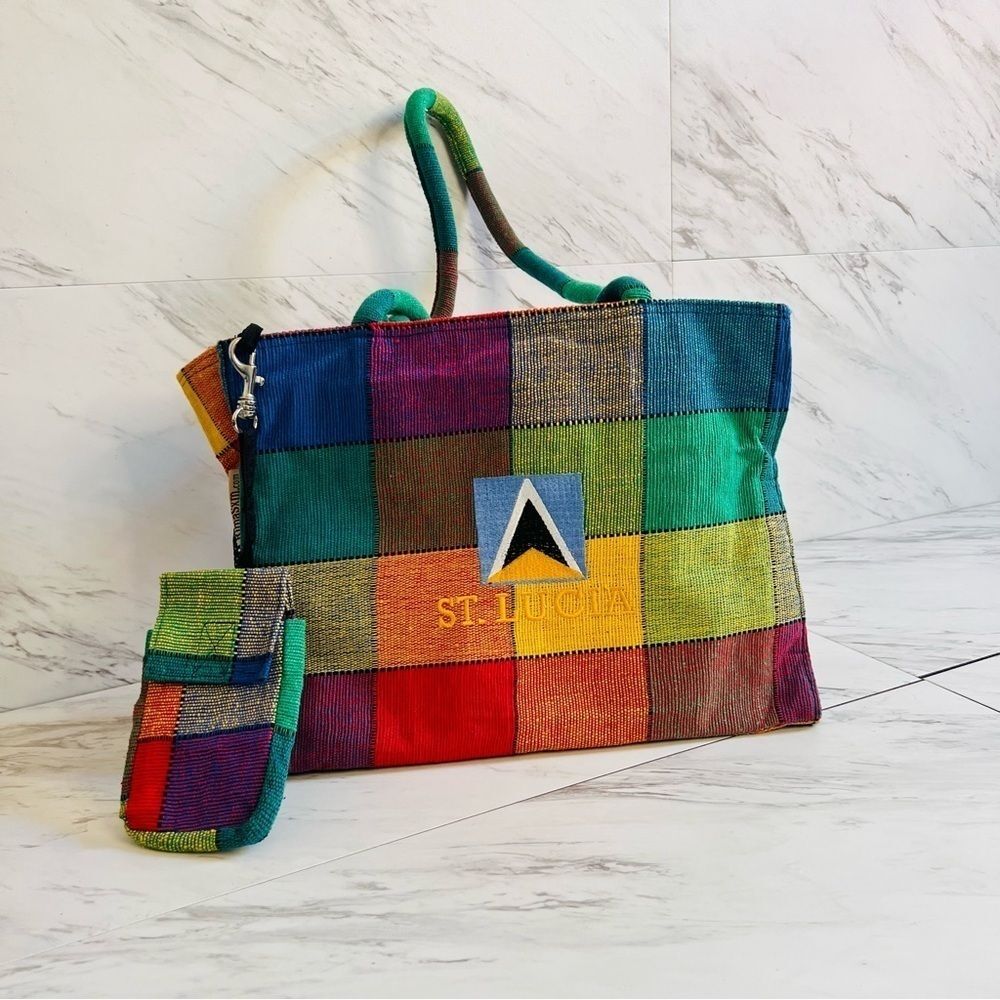NEW St. Lucia Caribbean Flag Embroidered Patchwork Canvas Tote Bag Purse Set